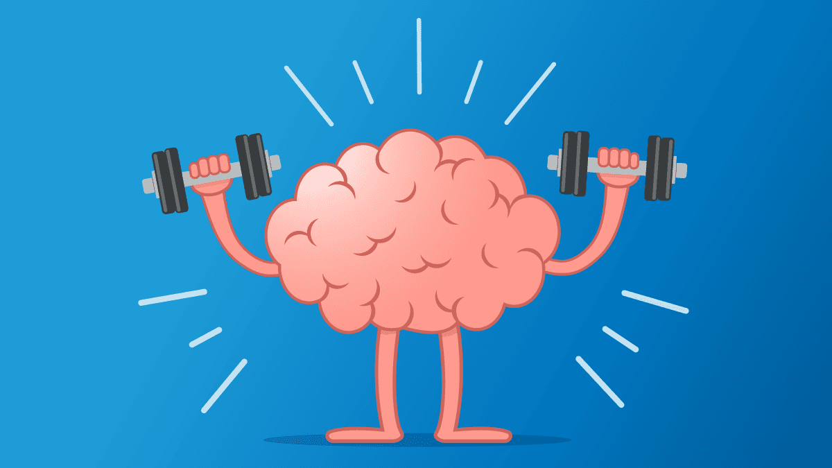 Image of an anthropomorphic brain lifting weights and looking energized