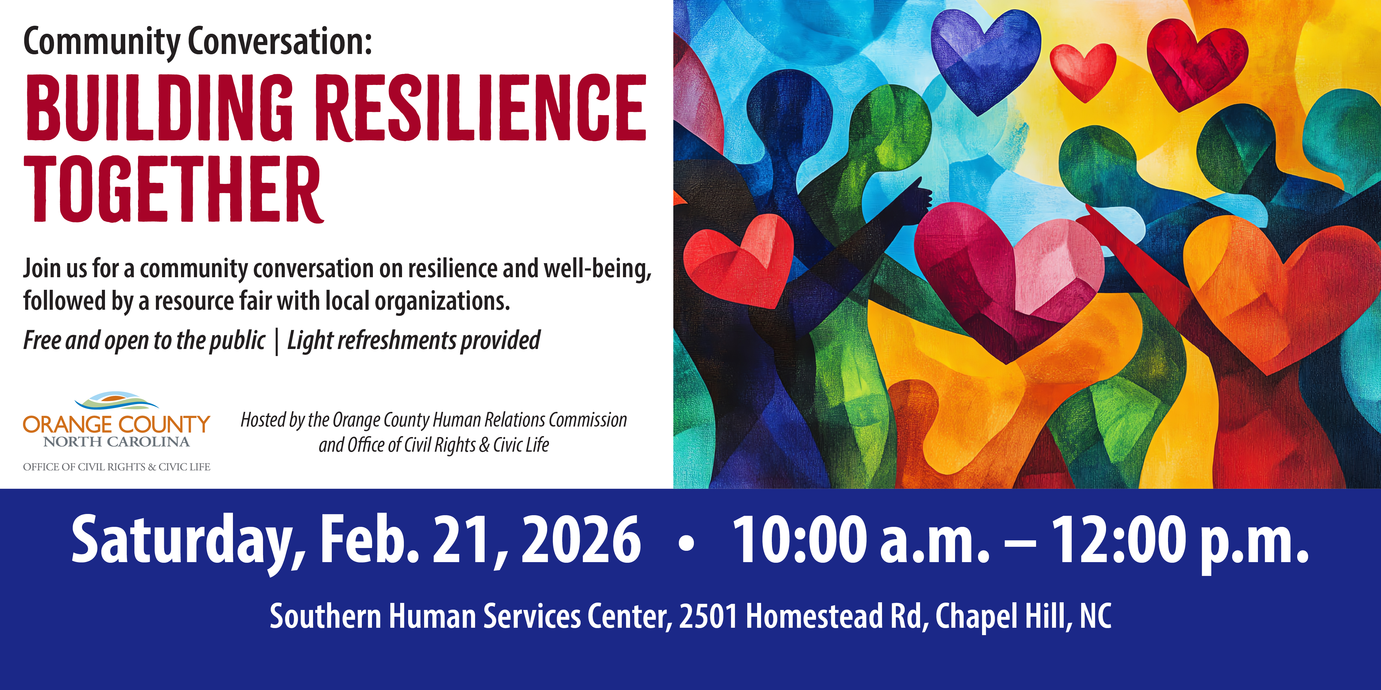 Flyer for “Community Conversation: Building Resilience Together,” a free public event.