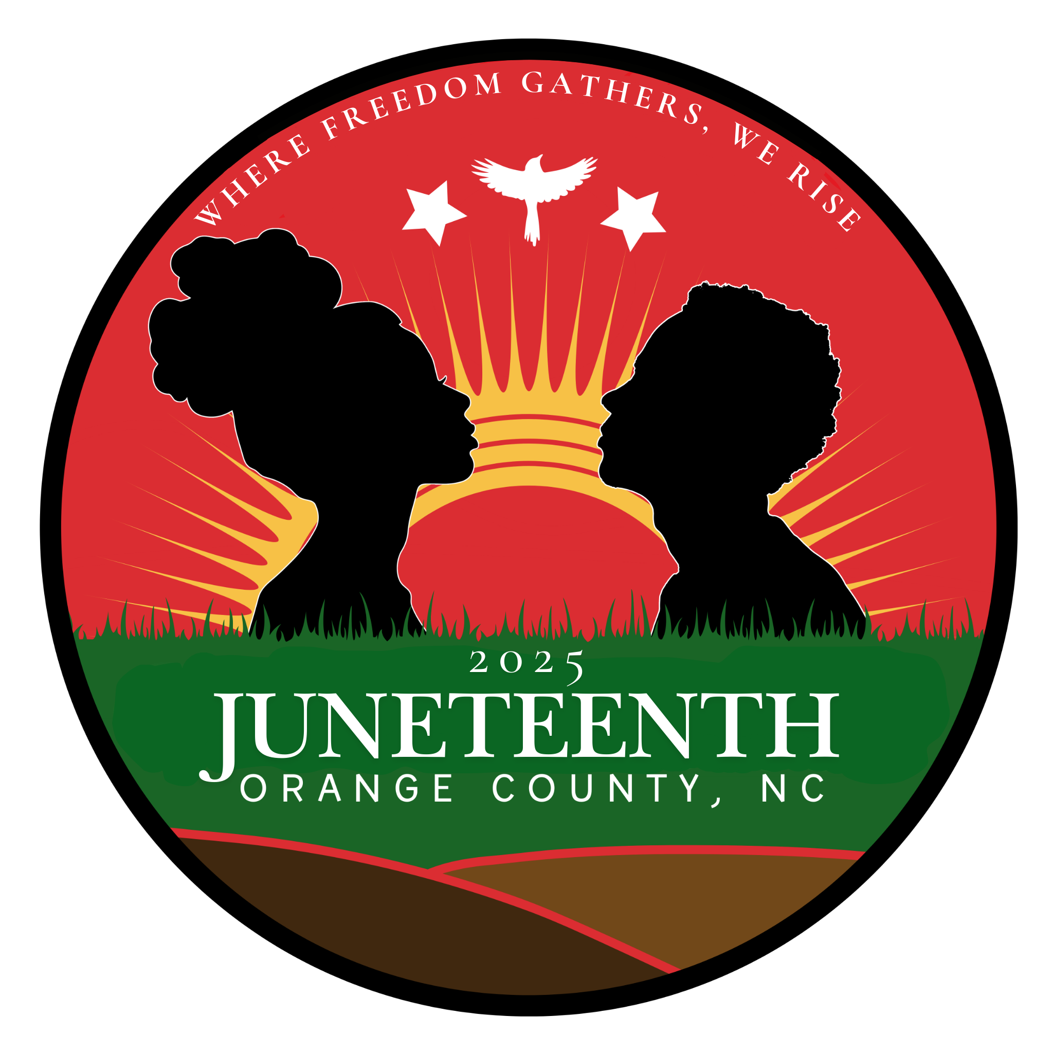 Juneteenth 2025 logo with silhouettes and rising sun