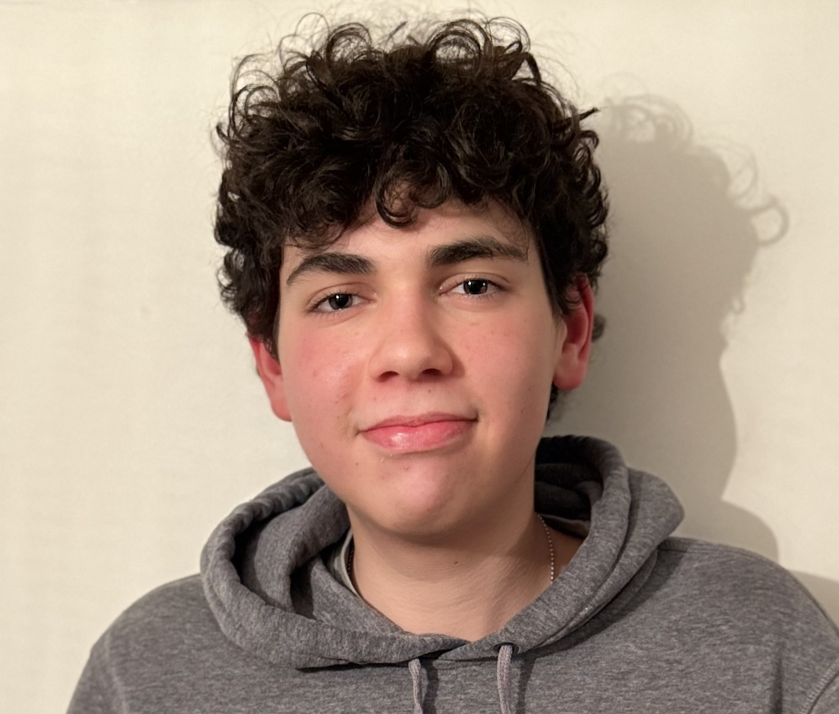 Portrait of Julian Shulman, a white teen boy with curly hair in a gray hoodie, smiling