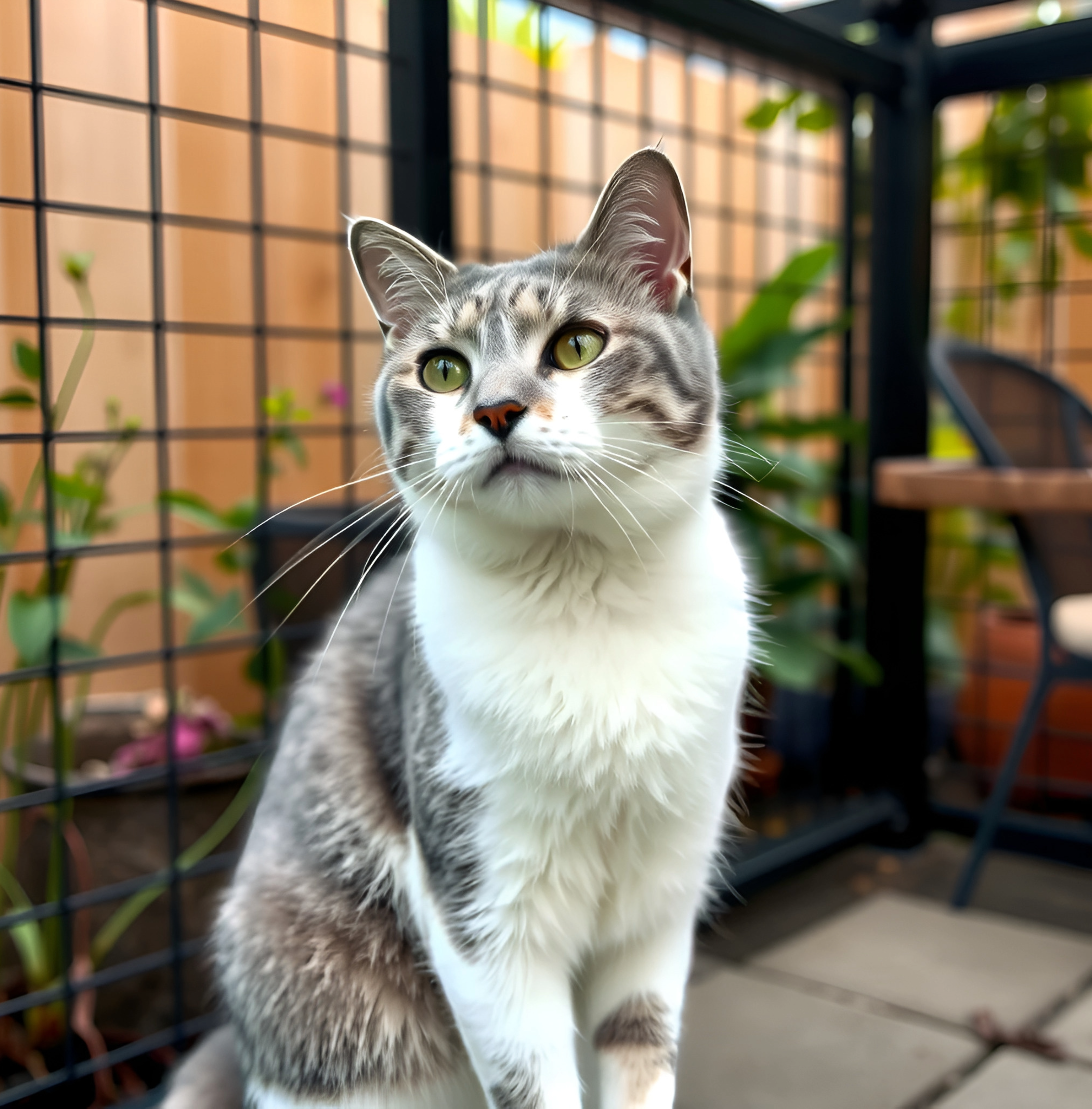 Happy cat sitting in an outdoor enclosure