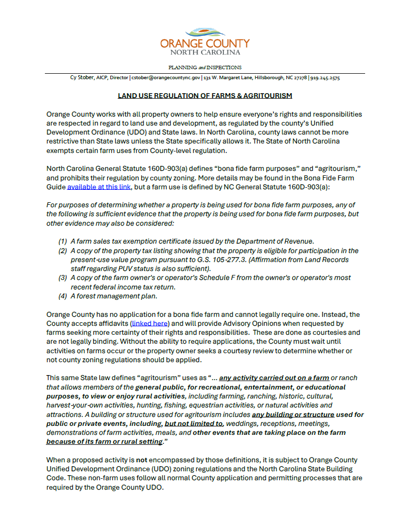 Orange County Regulation of Farms Statement