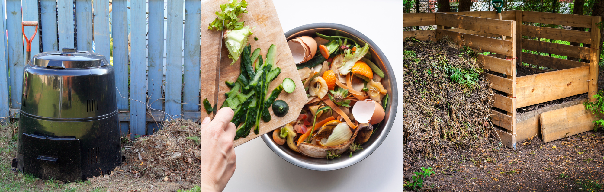 Photos of an Earth Machine compost bin, food scraps in a bucket, and a backyard compost pile