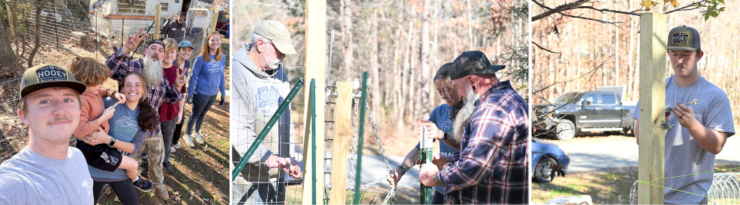 A group of people working to build a sturdy dog fence outdoors.