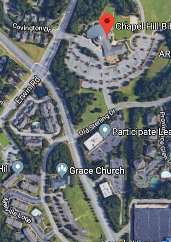 Satellite map showing Chapel Hill Bible Church near Erwin Road in Chapel Hill, NC.