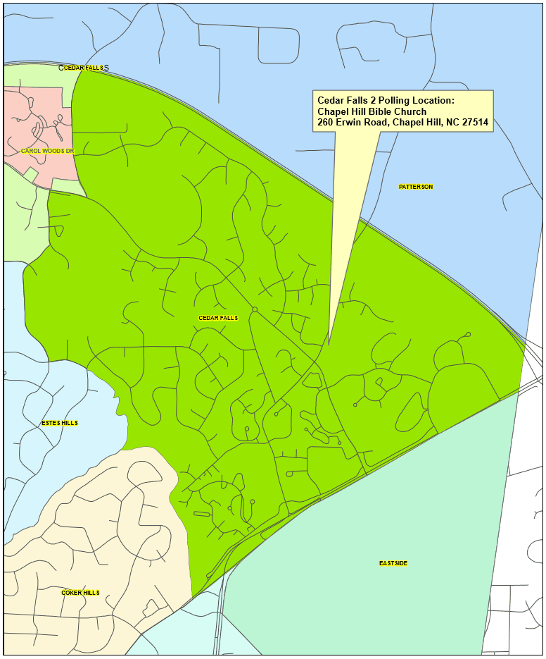 Map showing Cedar Falls voting precinct, with polling site at Chapel Hill Bible Church