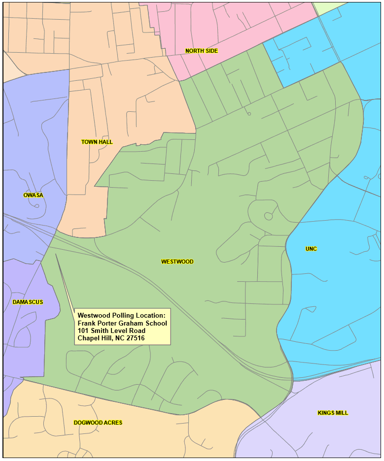 Map showing Westwood precinct in Chapel Hill, NC, with polling place at Frank Porter Graham School